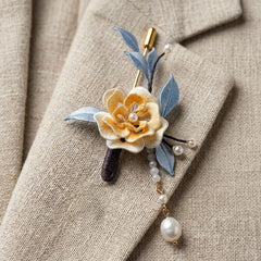 Luxury Pure Silk Chan Flower Brooch Pin with Pearl Drop