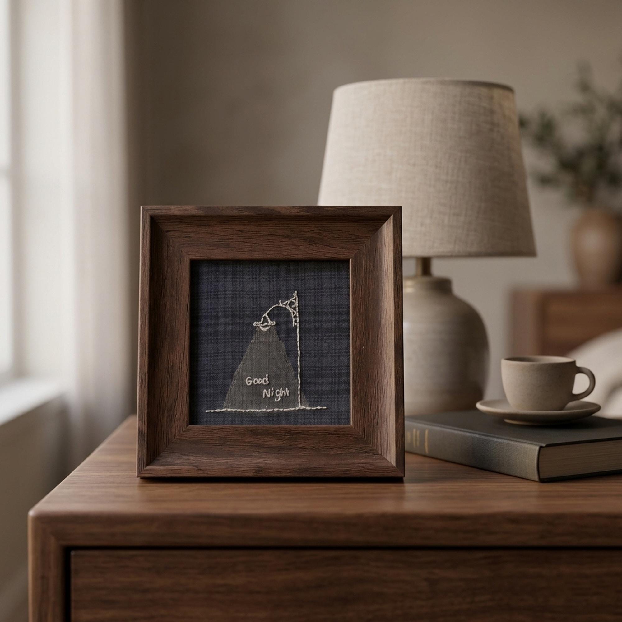Illuminated Hand-Embroidered Frame — ‘Good Night’ Bedside Light