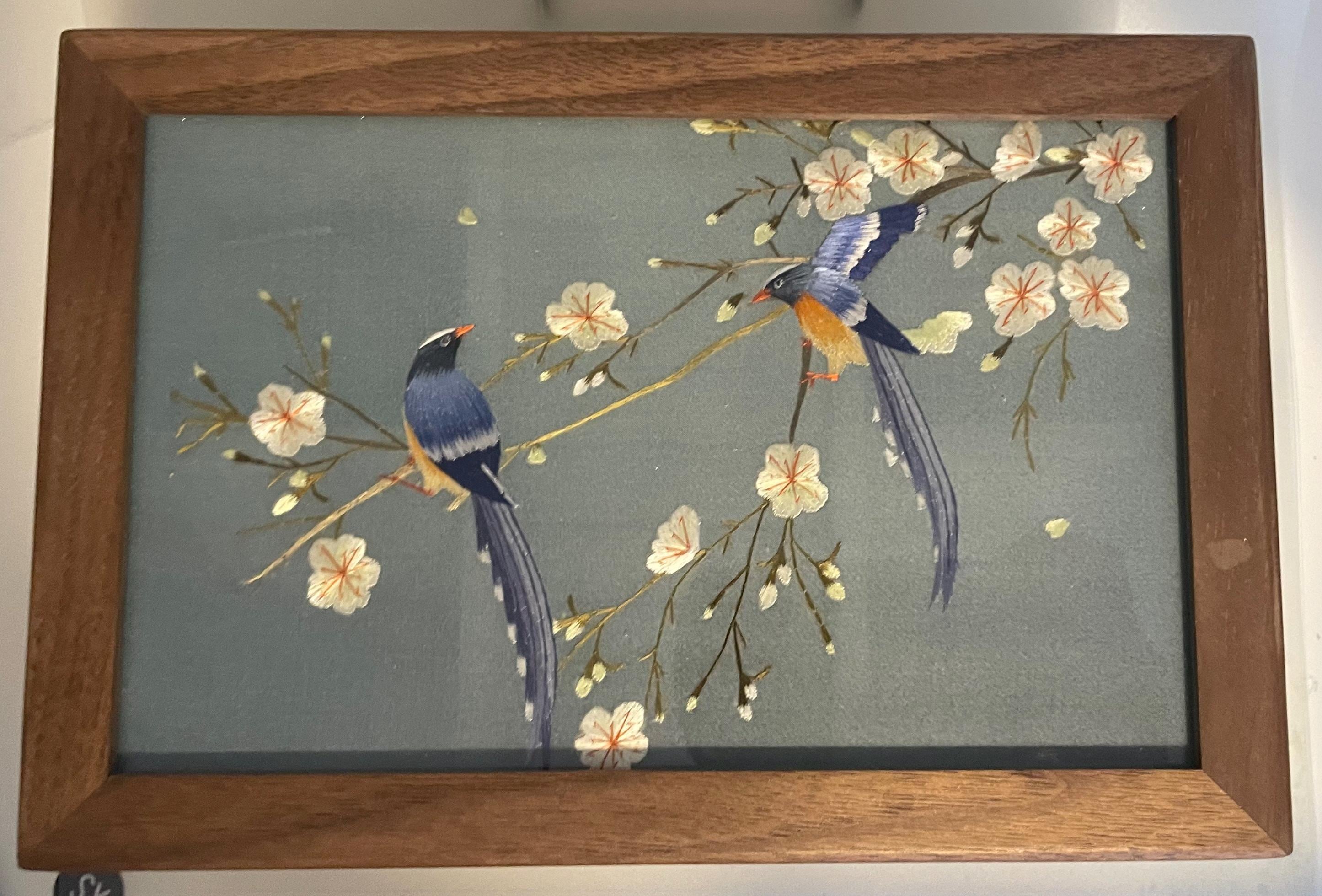 Magpie & Blossom Hand-Embroidered Silk Panel — Walnut Jewellery Box