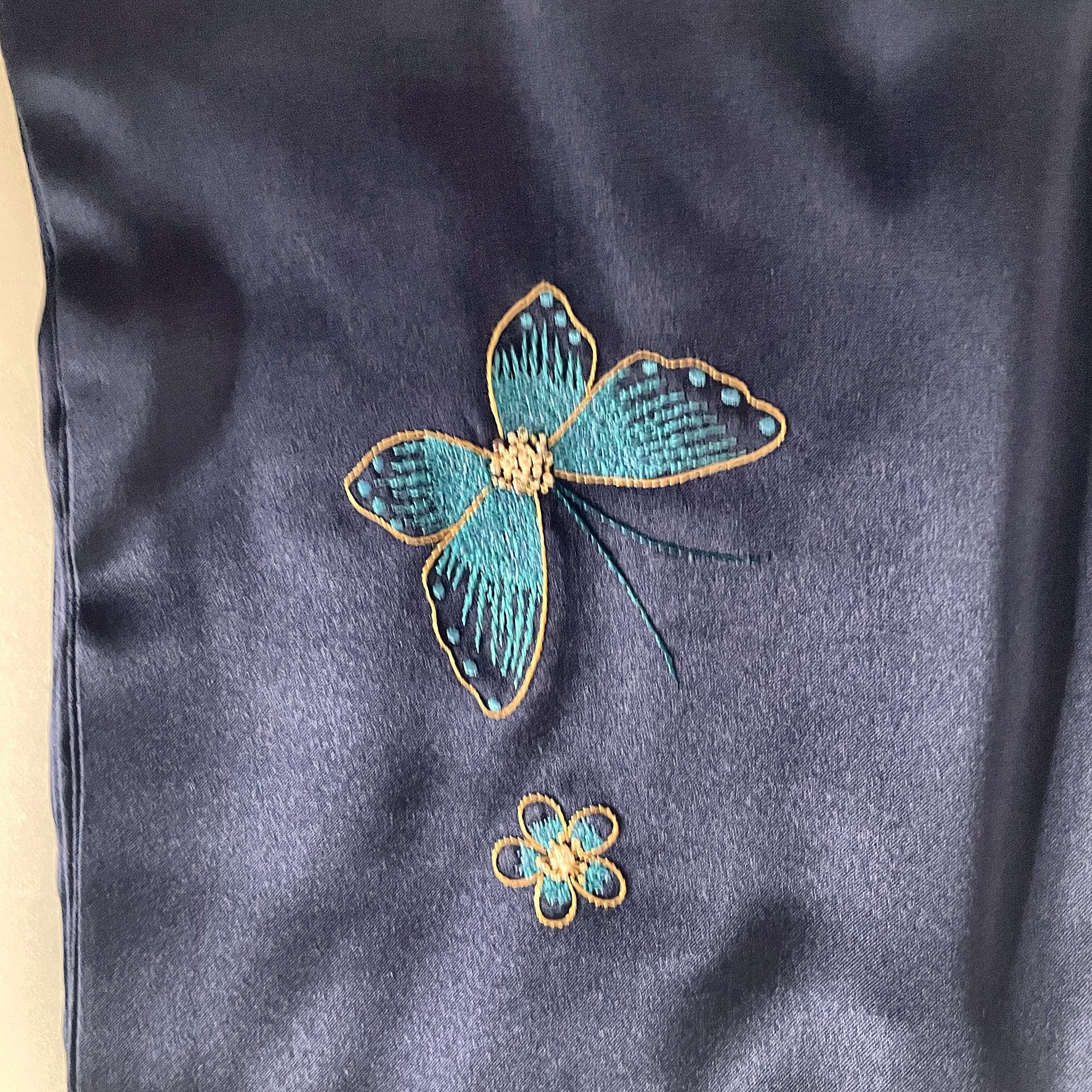 Navy Mulberry Silk Scarf — Hand-Embroidered Butterfly