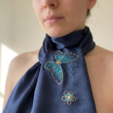 Navy Mulberry Silk Scarf — Hand-Embroidered Butterfly
