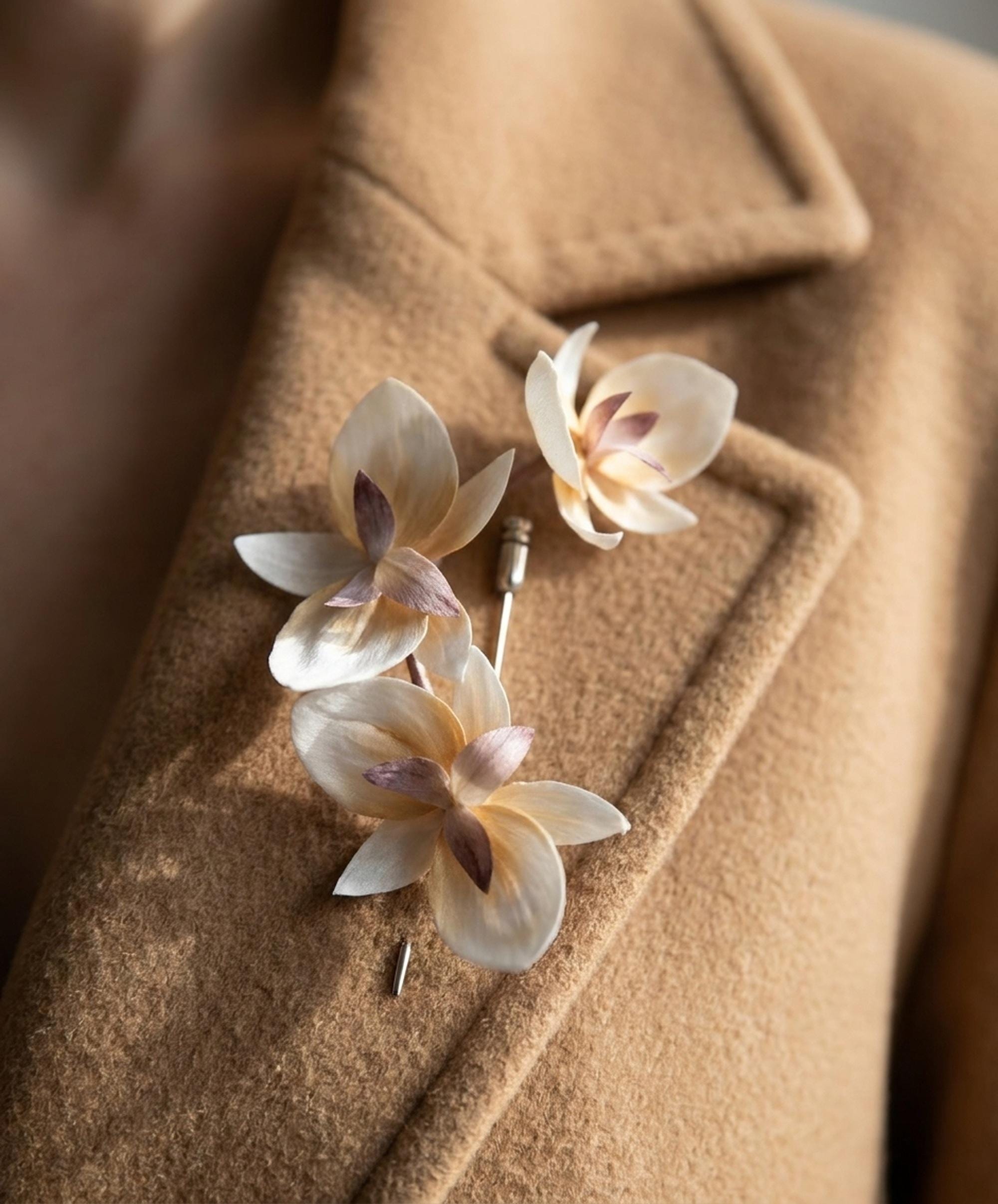 Ronghua Silk Orchid Brooch — Ivory & Plum-Brown