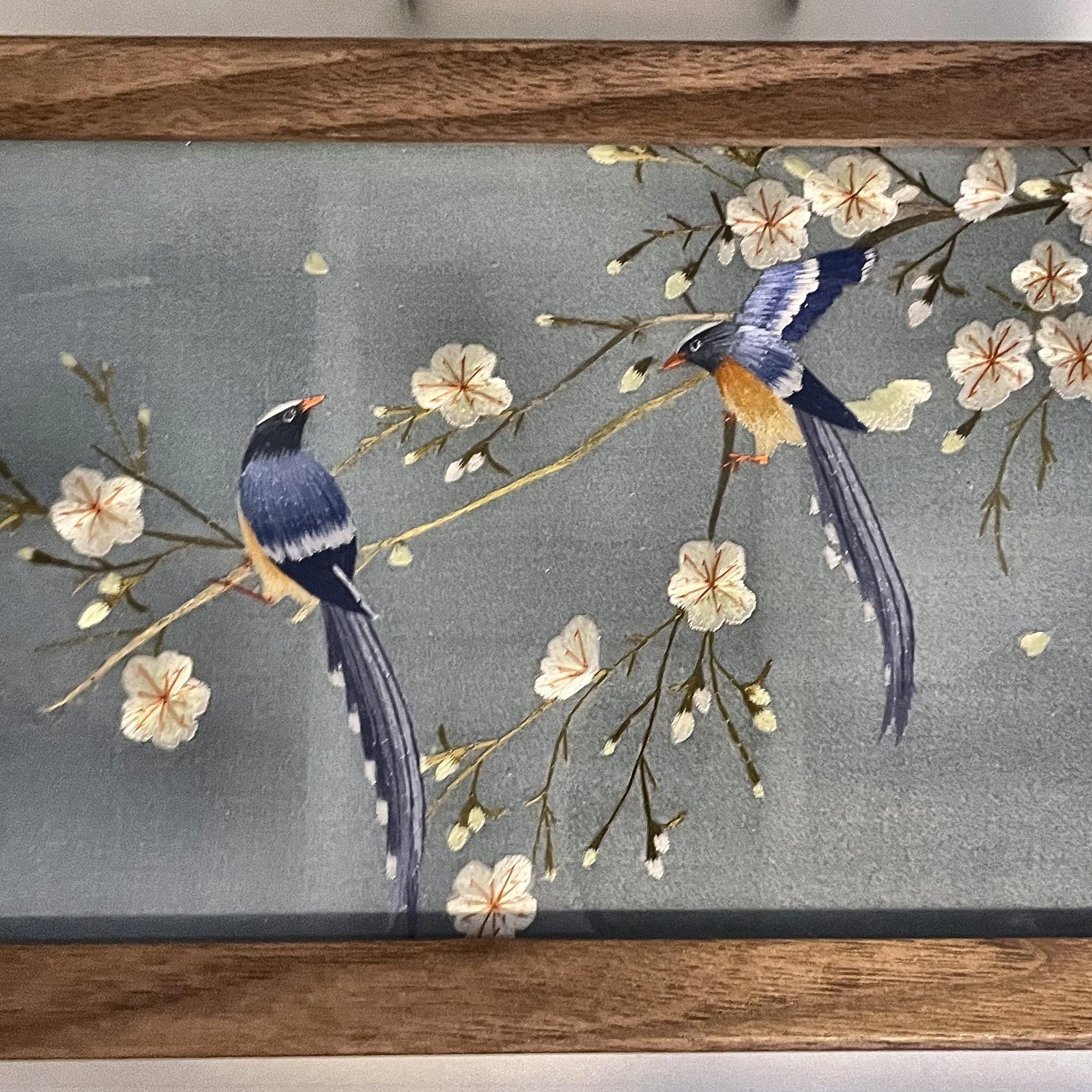 Magpie & Blossom Hand-Embroidered Silk Panel — Walnut Jewellery Box