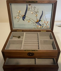 Magpie & Blossom Hand-Embroidered Silk Panel — Walnut Jewellery Box
