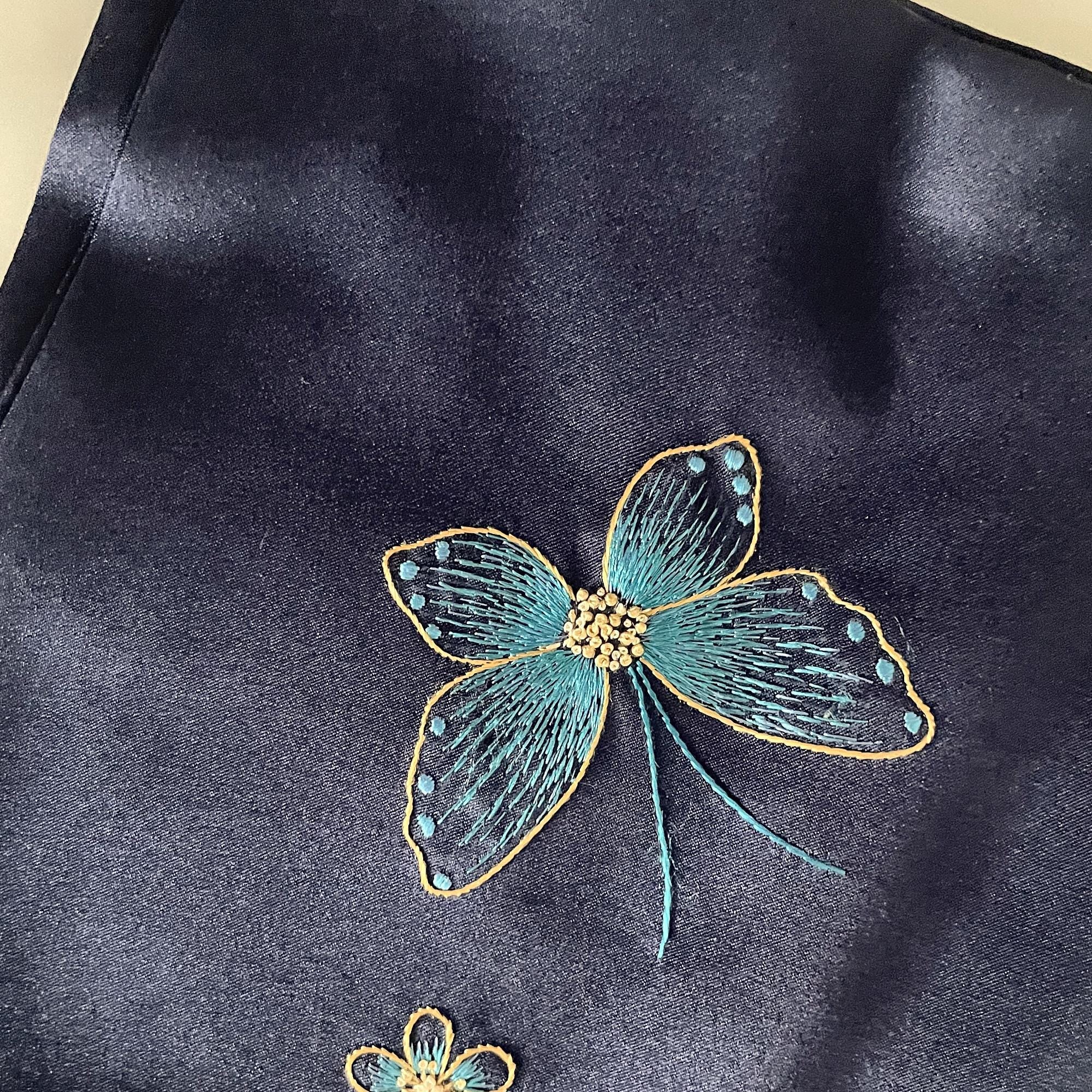 Navy Mulberry Silk Scarf — Hand-Embroidered Butterfly
