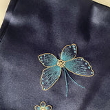 Navy Mulberry Silk Scarf — Hand-Embroidered Butterfly