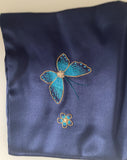 Navy Mulberry Silk Scarf — Hand-Embroidered Butterfly