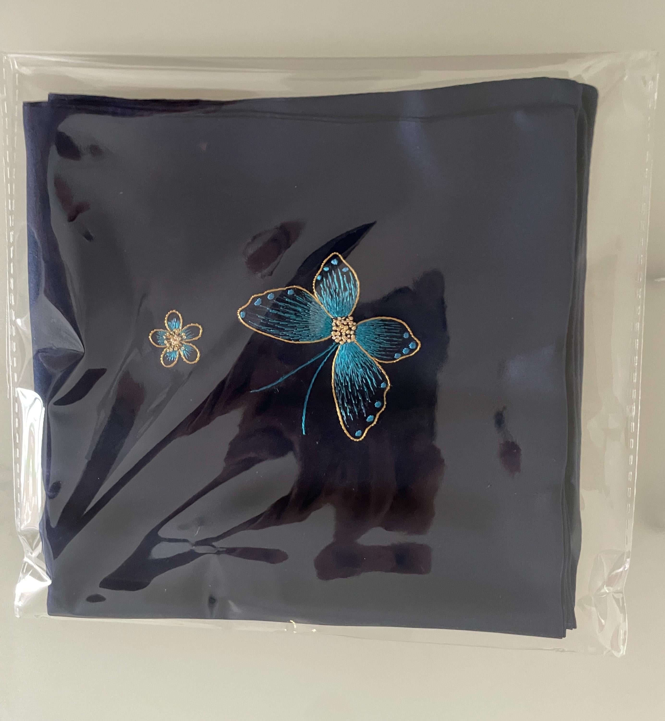 Navy Mulberry Silk Scarf — Hand-Embroidered Butterfly
