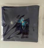 Navy Mulberry Silk Scarf — Hand-Embroidered Butterfly