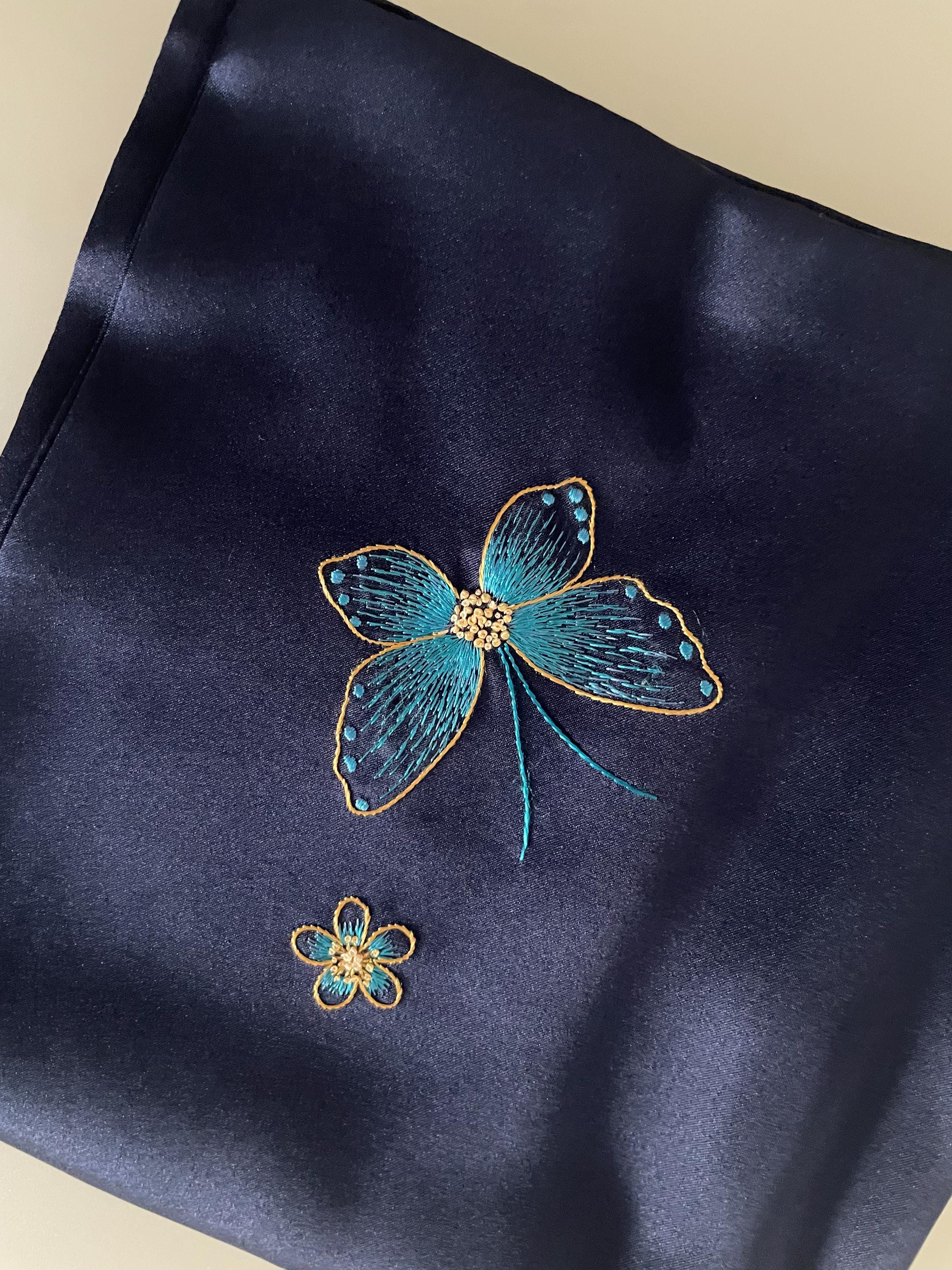 Navy Mulberry Silk Scarf — Hand-Embroidered Butterfly
