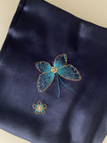 Navy Mulberry Silk Scarf — Hand-Embroidered Butterfly