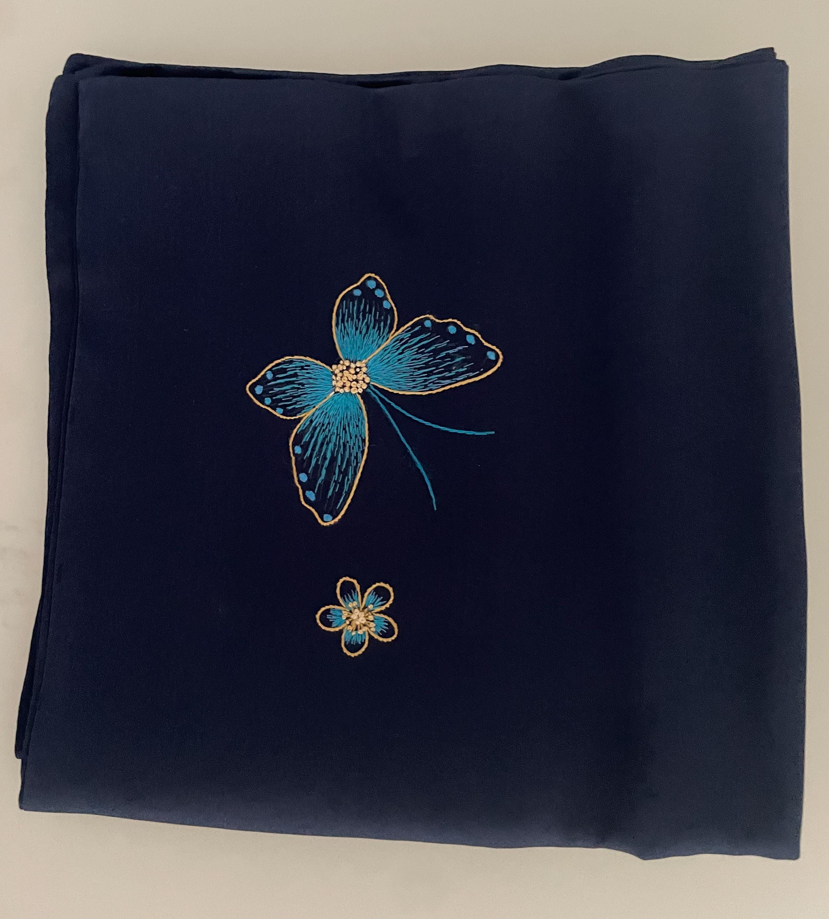 Navy Mulberry Silk Scarf — Hand-Embroidered Butterfly