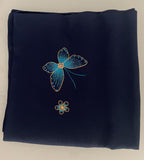 Navy Mulberry Silk Scarf — Hand-Embroidered Butterfly