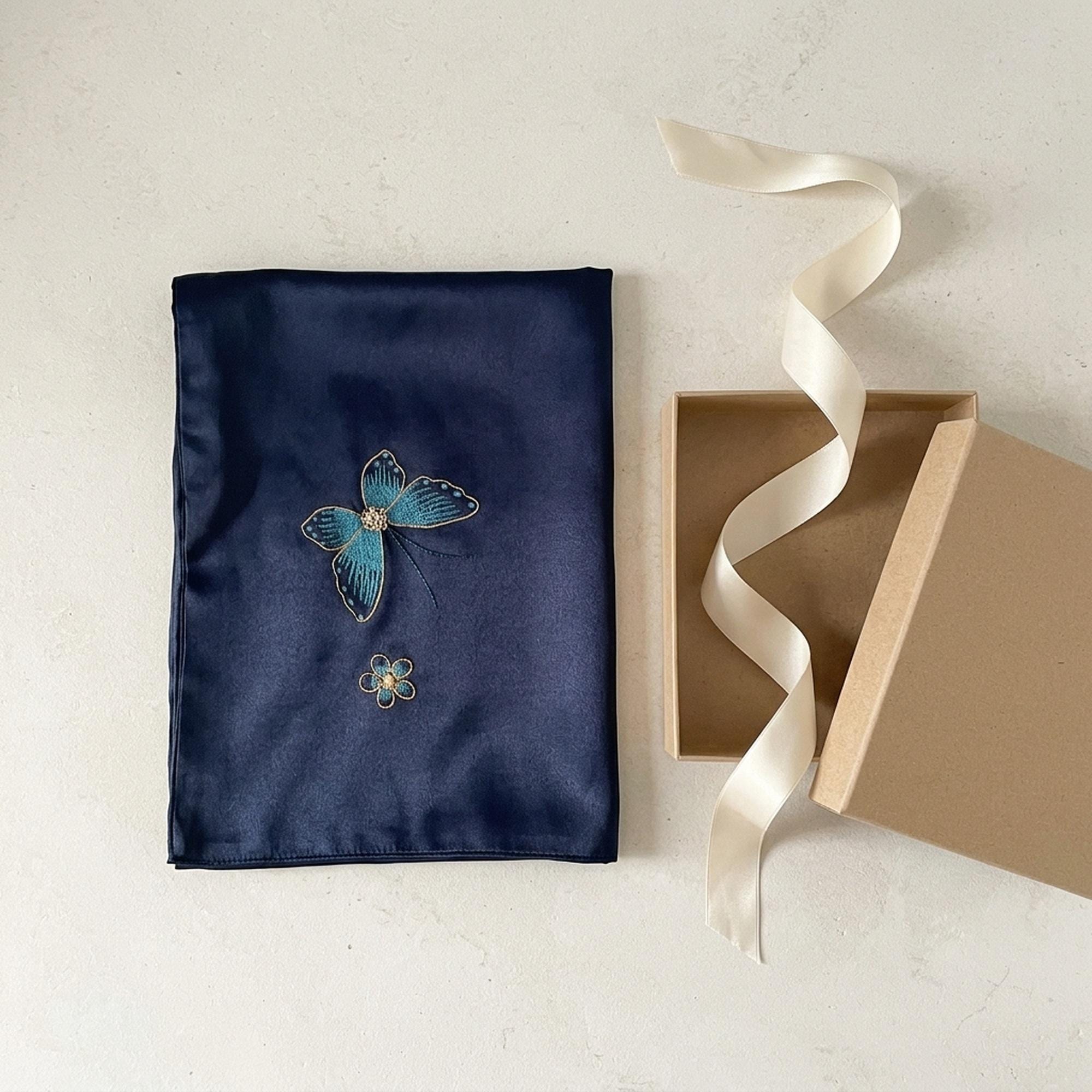 Navy Mulberry Silk Scarf — Hand-Embroidered Butterfly
