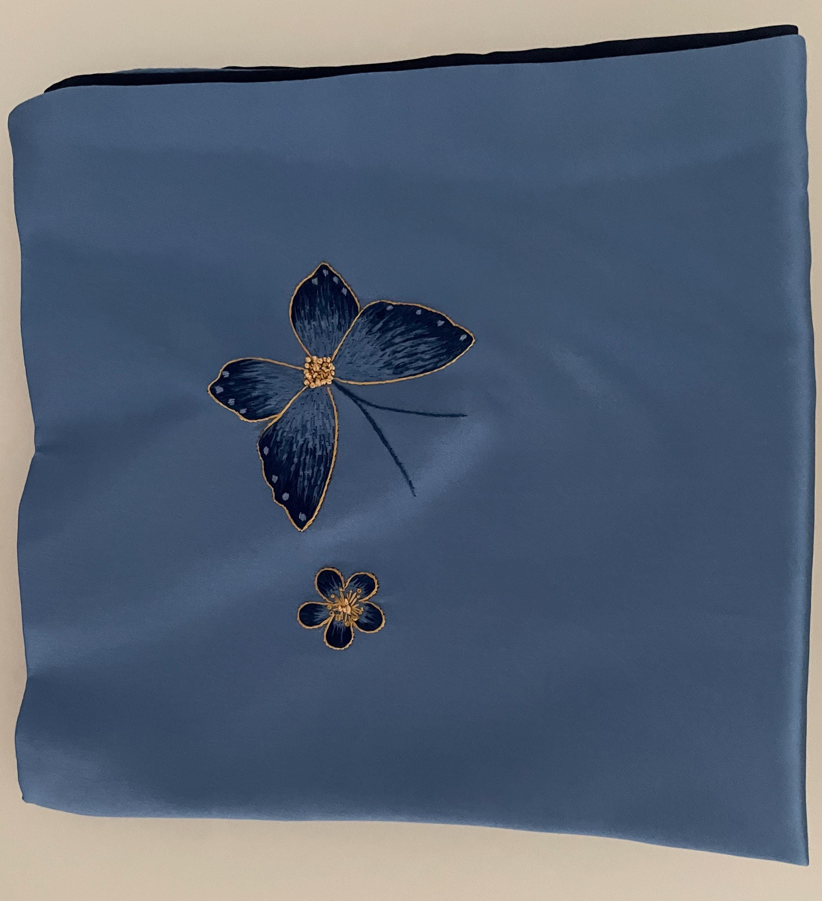 Dusty Blue Mulberry Silk Scarf — Hand-Embroidered Butterfly