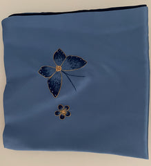 Dusty Blue Mulberry Silk Scarf — Hand-Embroidered Butterfly