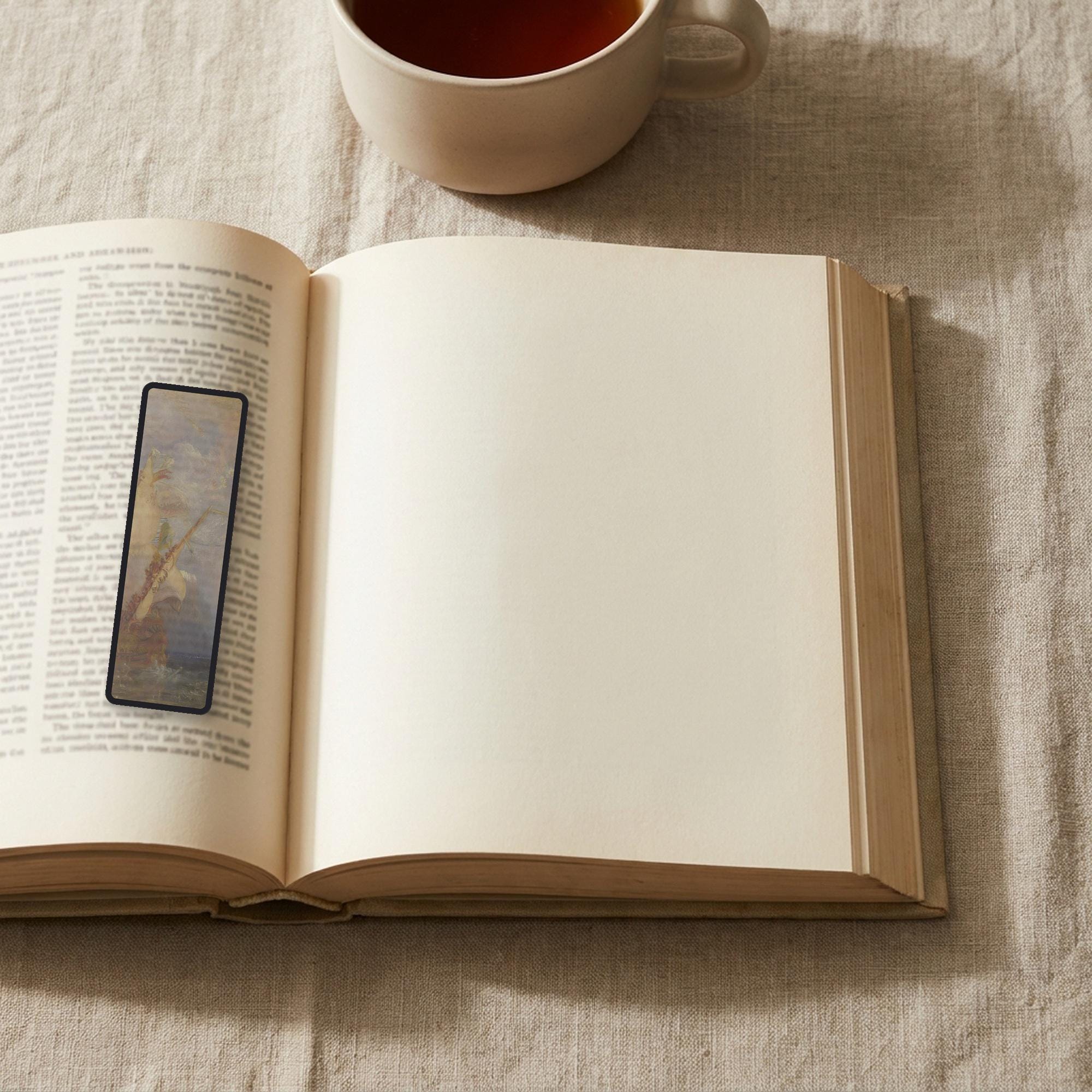 Escape at Dawn Odyssey bookmark lying on an open book, the page text visible through the sheer organza