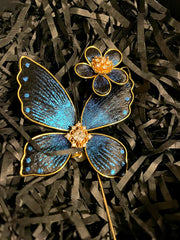 The Ronghua Butterfly Brooch — sapphire silk velvet-flower butterfly with pearl drop, gold stick pin, in its gift box