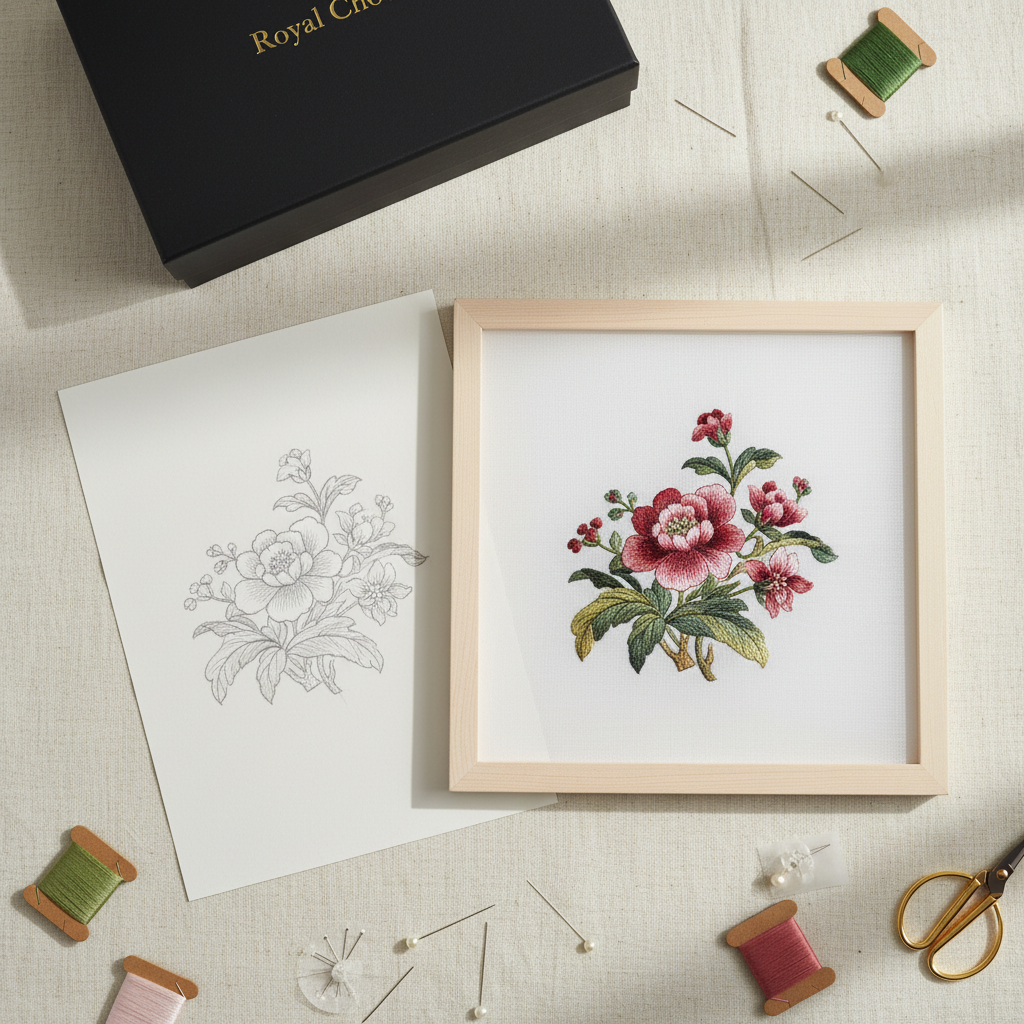 Sketch to Su embroidery artwork flat lay