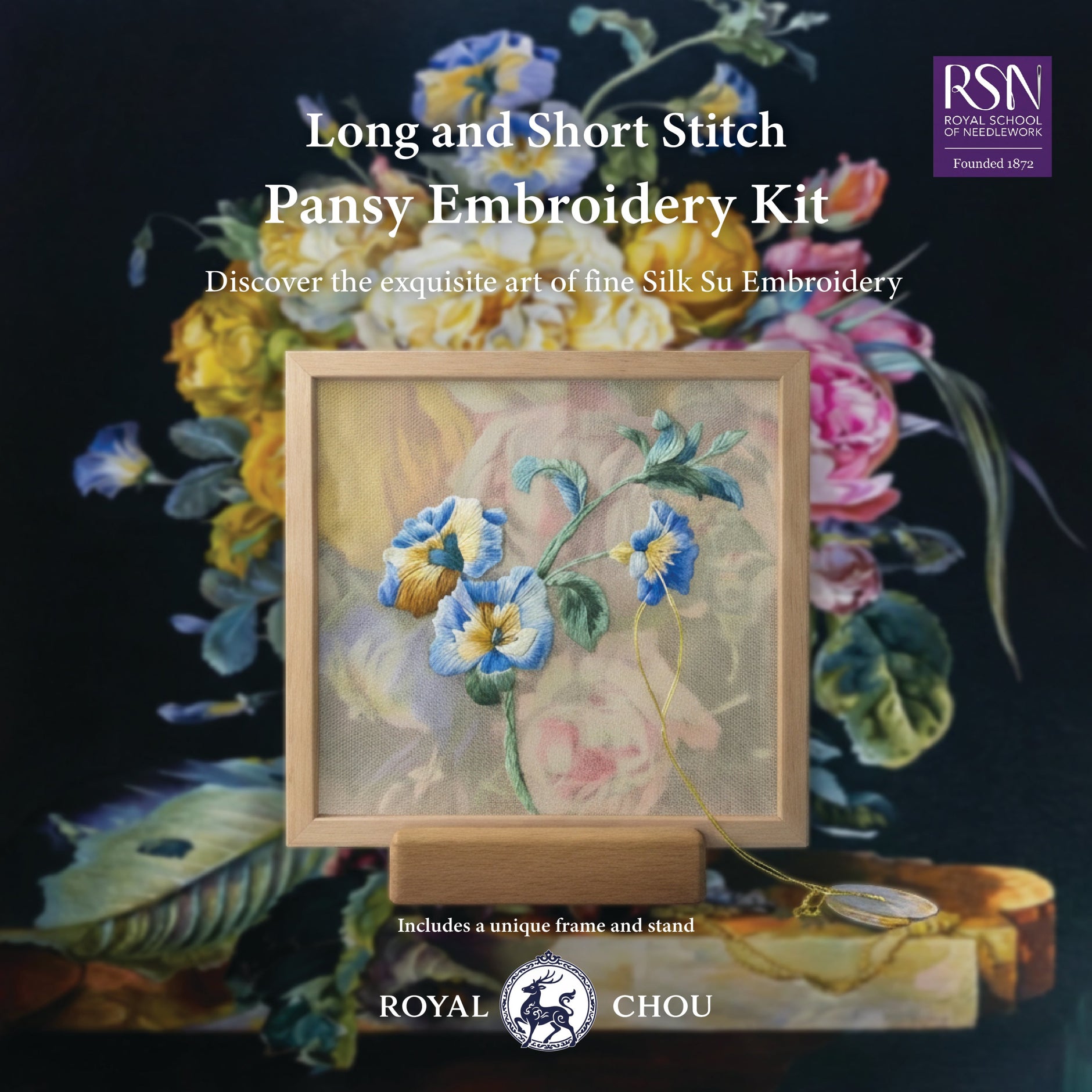 Royal Chou Pansy Embroidery Kit — mulberry silk, pre-printed silk organza, and premium hardwood display frame