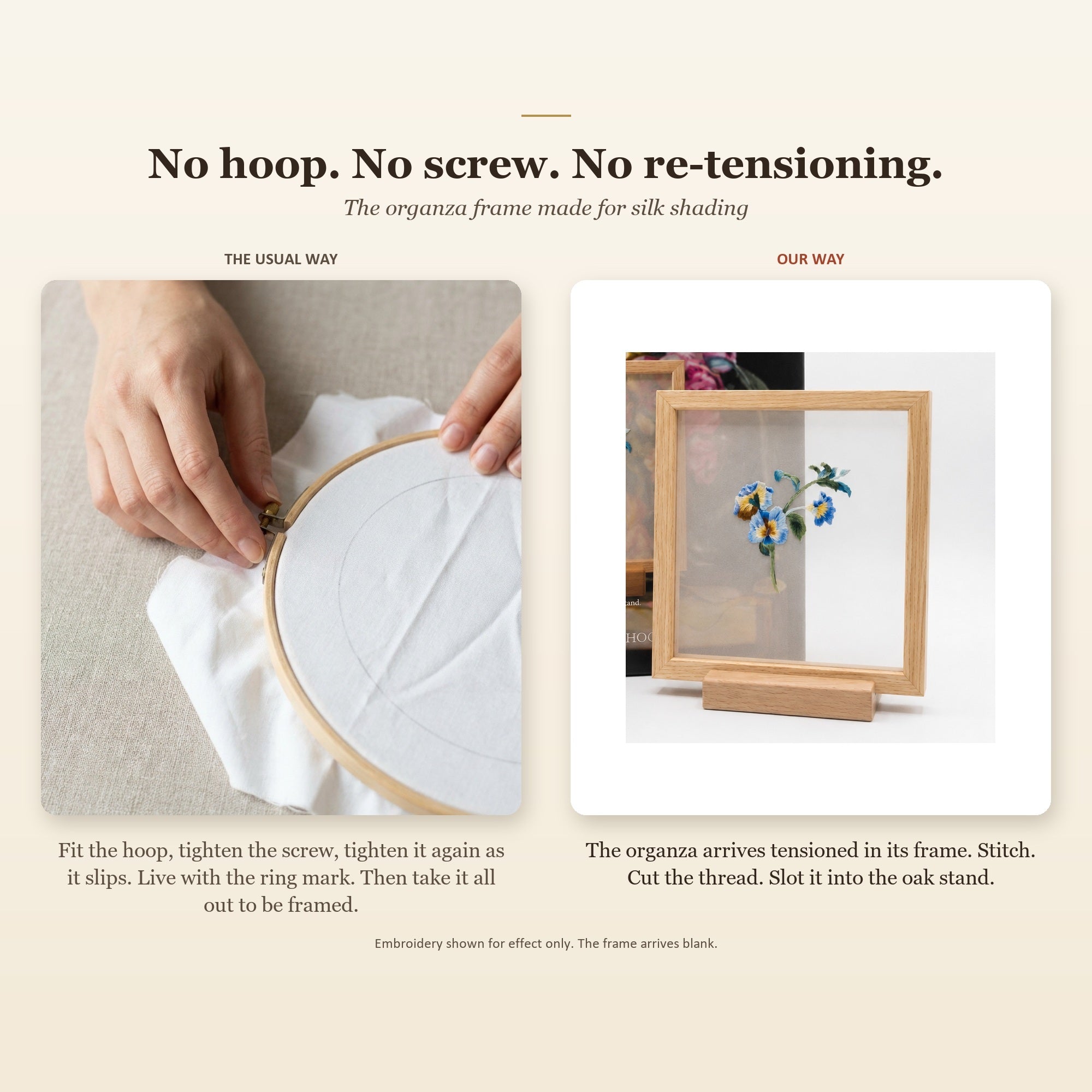 No hoop, no screw, no re-tensioning: the usual hoop method compared with the pre-tensioned organza frame on its oak stand