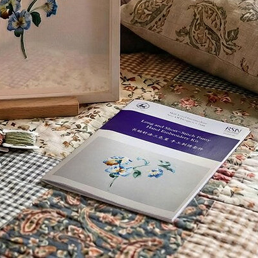 Royal Chou pansy embroidery kit booklet with silk threads and the framed pansy