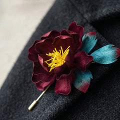 Silk Flower Brooch Handmade Burgundy Peony