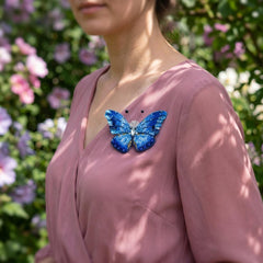 Luxury Hand Embroidered Butterfly Brooch — Blue Morpho