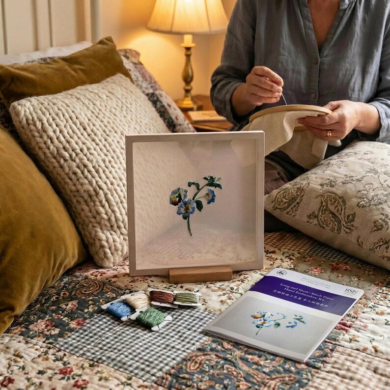 Silk Embroidery Kit with a unique frame — Pansy (Long & Short Stitch) -Both Sides Idential