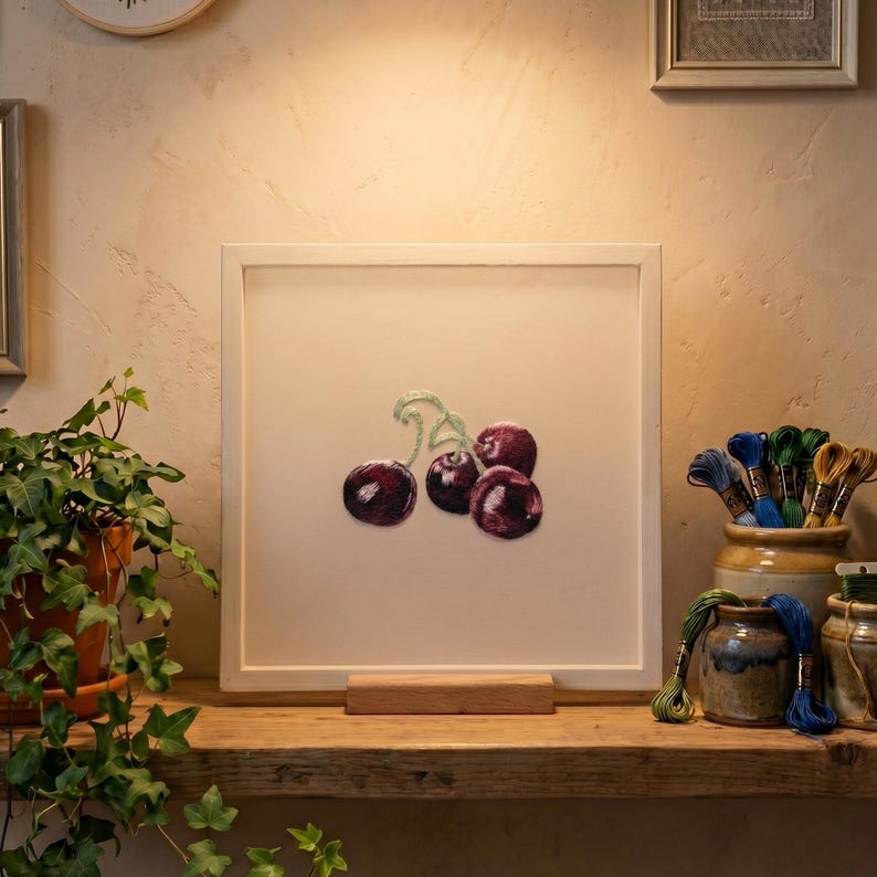 Silk Embroidery Kit with a unique frame — Cherry (Long & Short Stitch) -Both Sides Identical