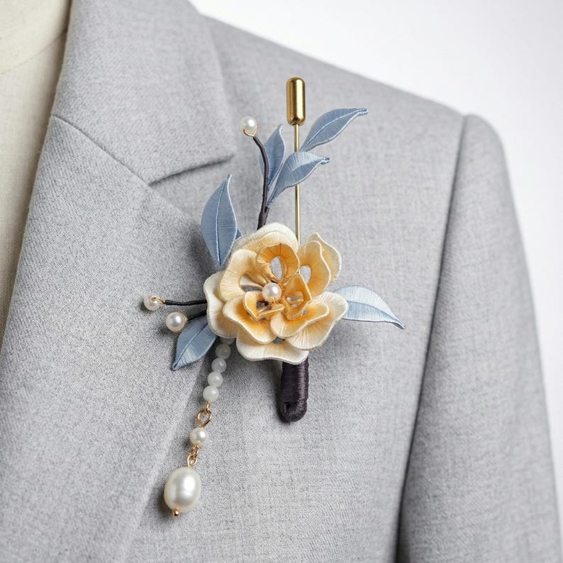 Luxury Pure Silk Chan Flower Brooch Pin with Pearl Drop