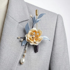 Luxury Pure Silk Chan Flower Brooch Pin with Pearl Drop