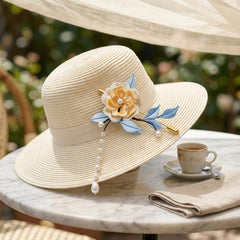 Luxury Pure Silk Chan Flower Brooch Pin with Pearl Drop