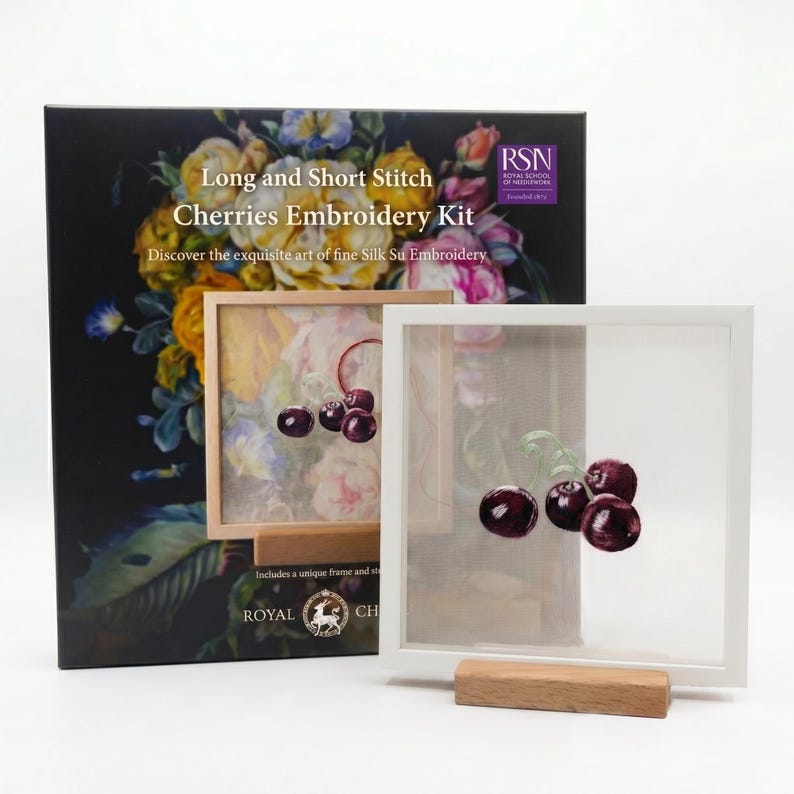 Silk Embroidery Kit with a unique frame — Cherry (Long & Short Stitch) -Both Sides Identical
