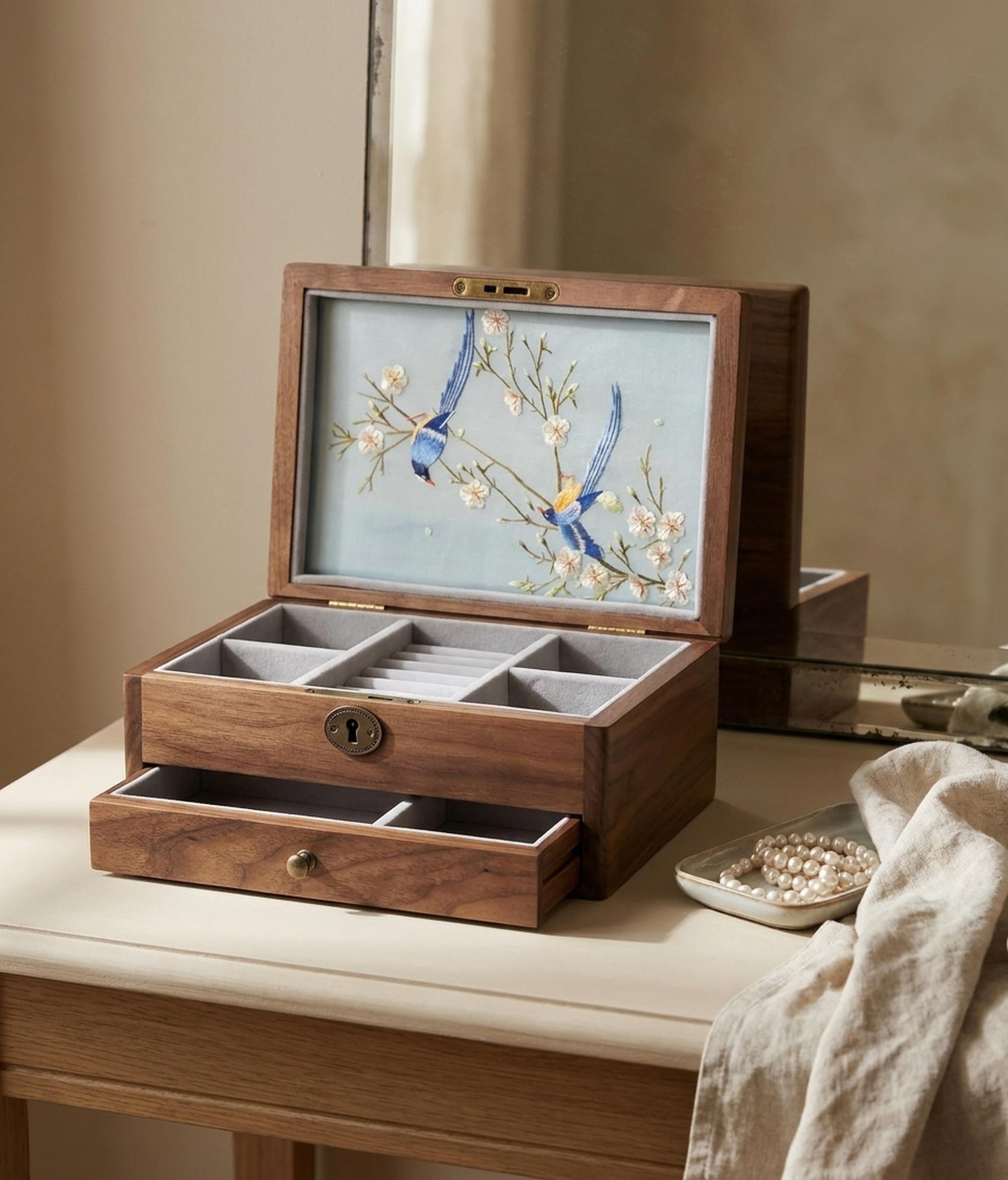 Magpie & Blossom Hand-Embroidered Silk Panel — Walnut Jewellery Box