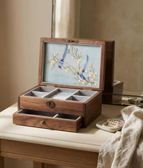 Magpie & Blossom Hand-Embroidered Silk Panel — Walnut Jewellery Box