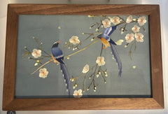 Magpie & Blossom Hand-Embroidered Silk Panel — Walnut Jewellery Box