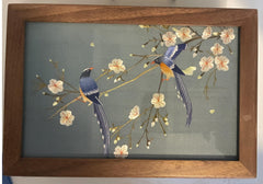 Magpie & Blossom Hand-Embroidered Silk Panel — Walnut Jewellery Box