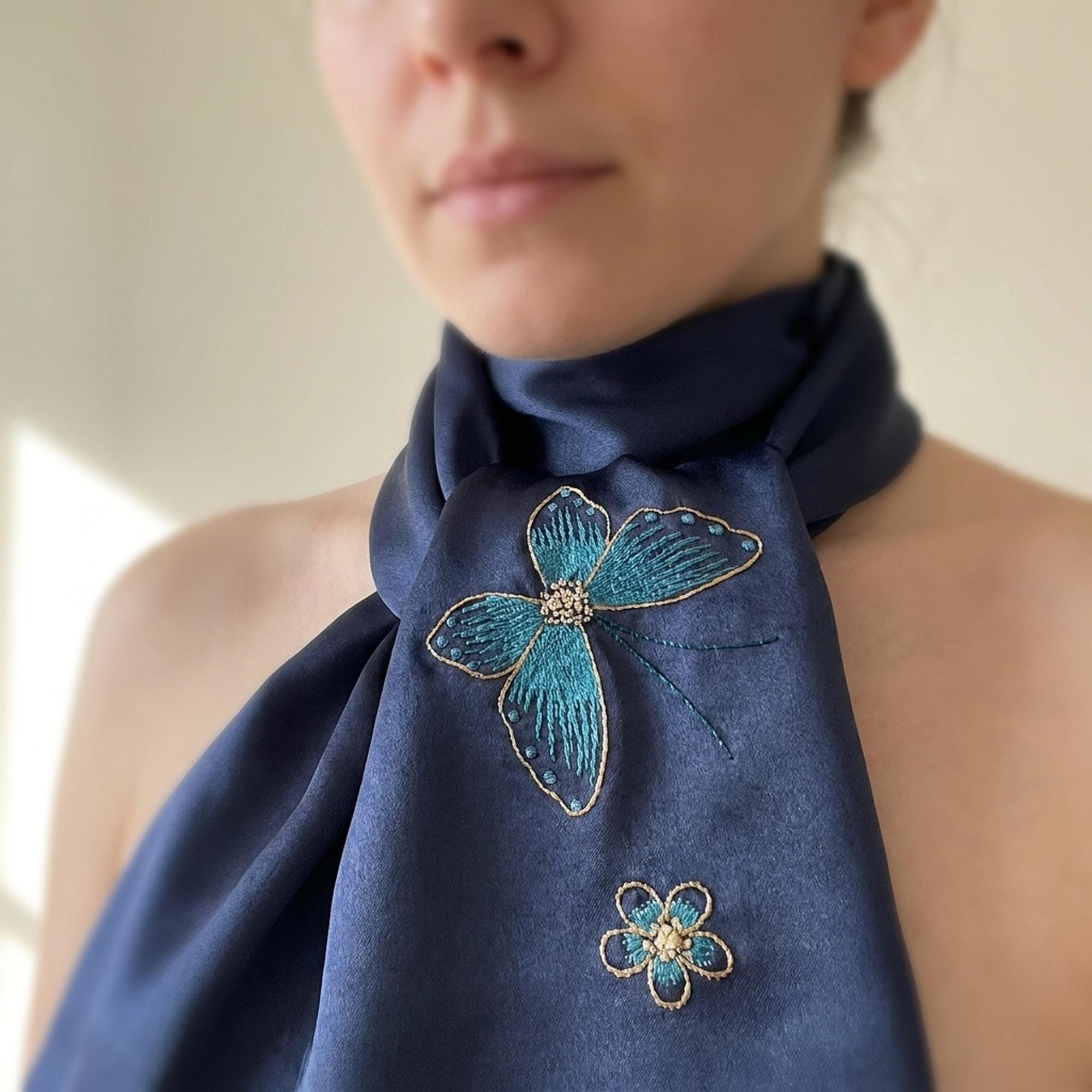 Navy Mulberry Silk Scarf — Hand-Embroidered Butterfly