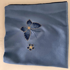 Dusty Blue Mulberry Silk Scarf — Hand-Embroidered Butterfly