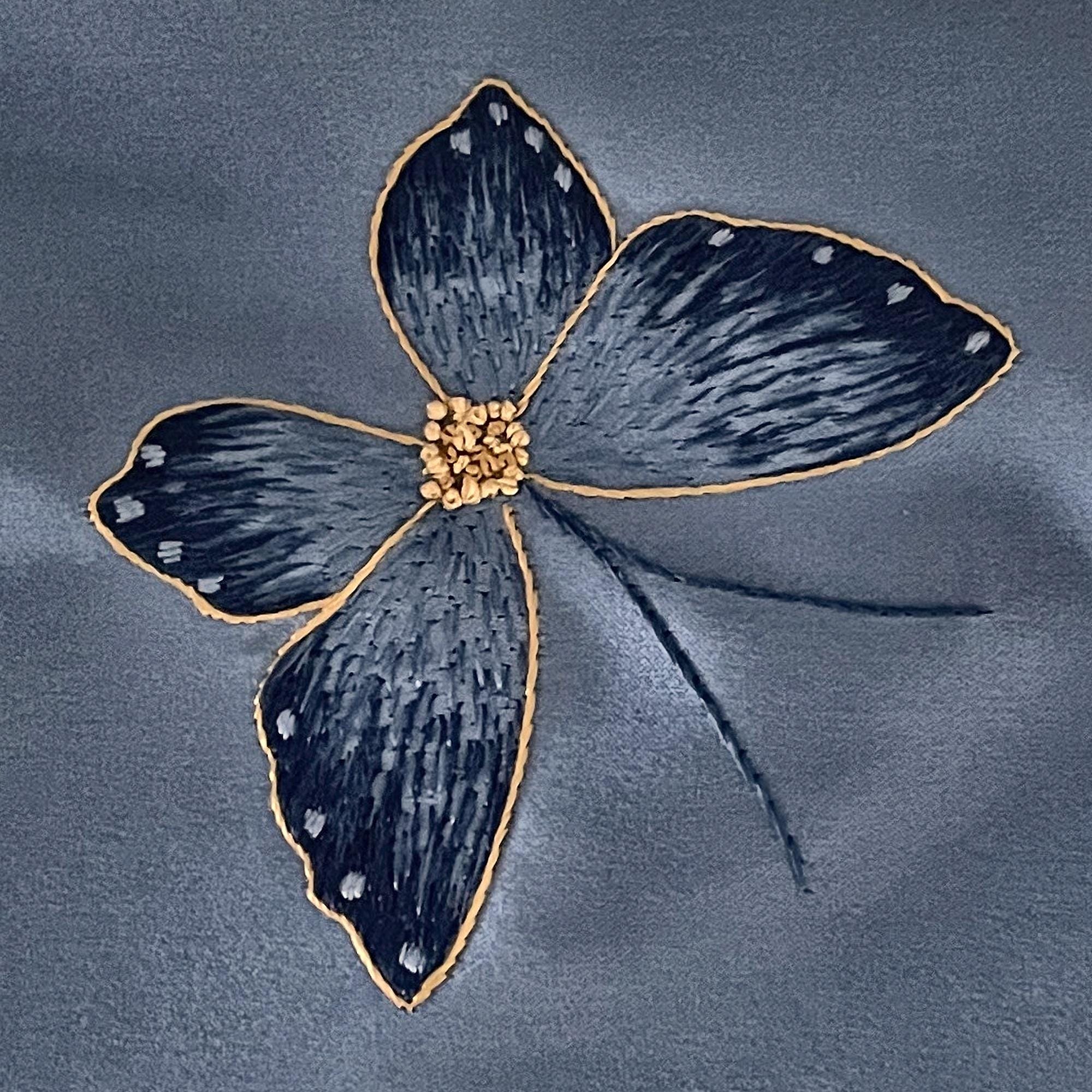Dusty Blue Mulberry Silk Scarf — Hand-Embroidered Butterfly