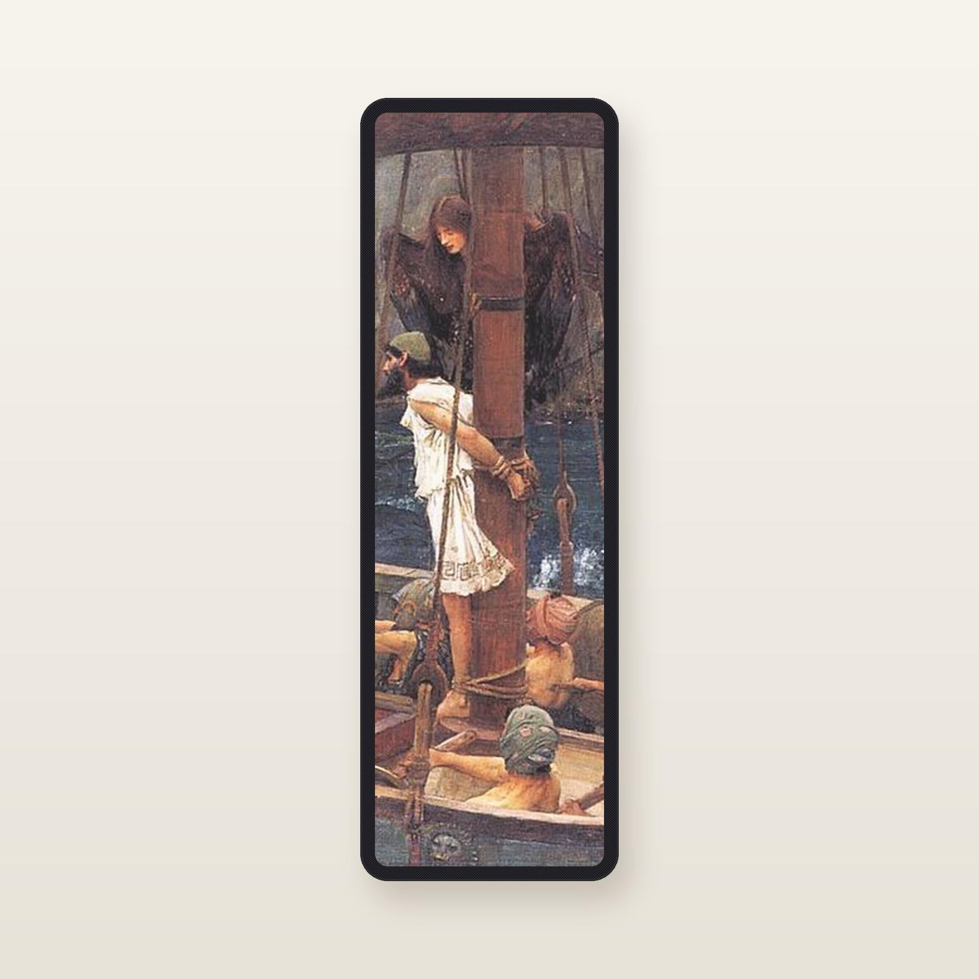 The Odyssey bookmark Bound to the Mast: translucent silk organza bookmark, 11.5 x 3.5 cm, black silk-wrapped frame, printed with Waterhouse, Ulysses and the Sirens, 1891