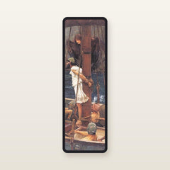 The Odyssey bookmark Bound to the Mast: translucent silk organza bookmark, 11.5 x 3.5 cm, black silk-wrapped frame, printed with Waterhouse, Ulysses and the Sirens, 1891