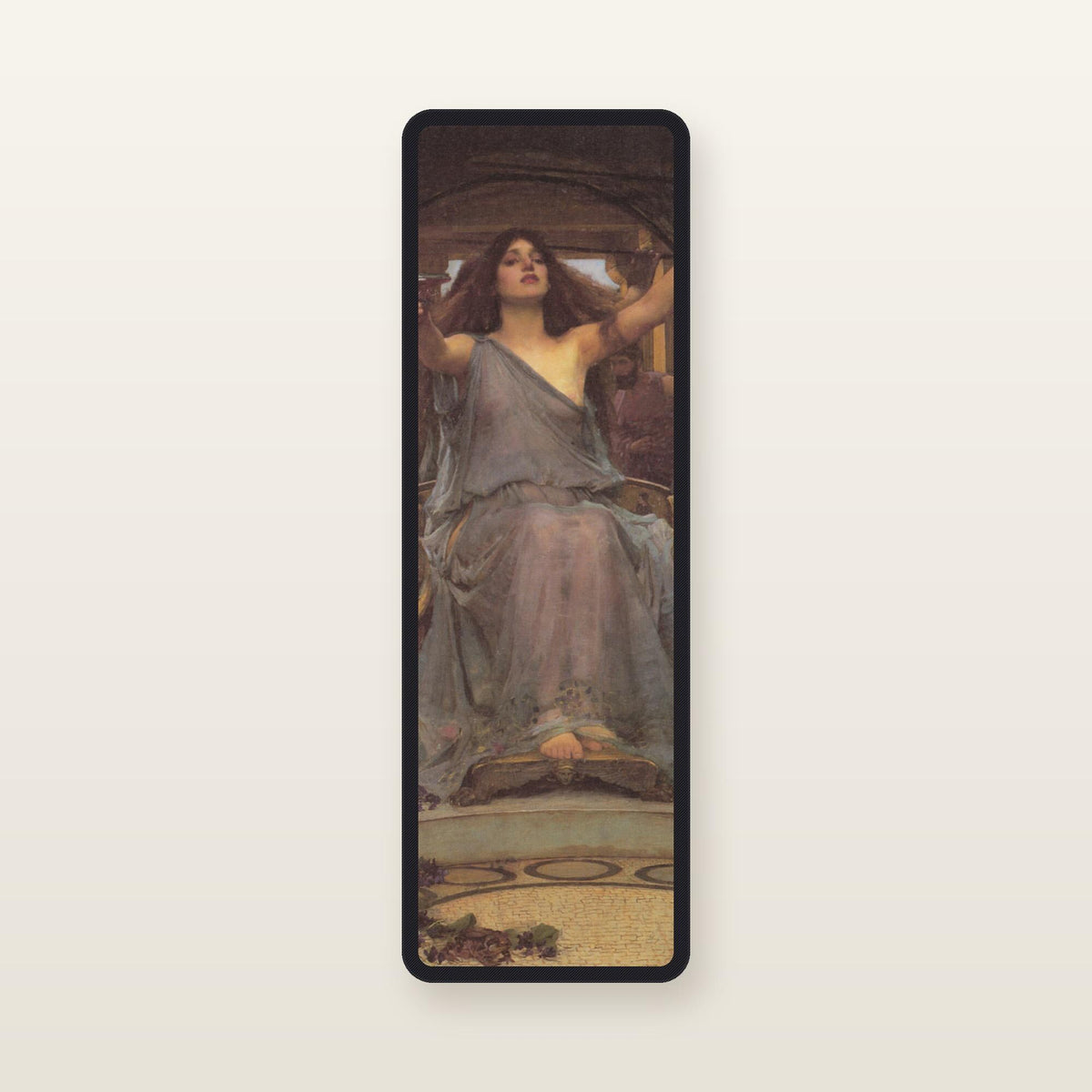 The Odyssey bookmark Circe's Cup: translucent silk organza bookmark, 11.5 x 3.5 cm, black silk-wrapped frame, printed with Waterhouse, Circe Offering the Cup to Ulysses, 1891