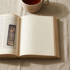 Circe's Cup Odyssey bookmark lying on an open book, the page text visible through the sheer organza