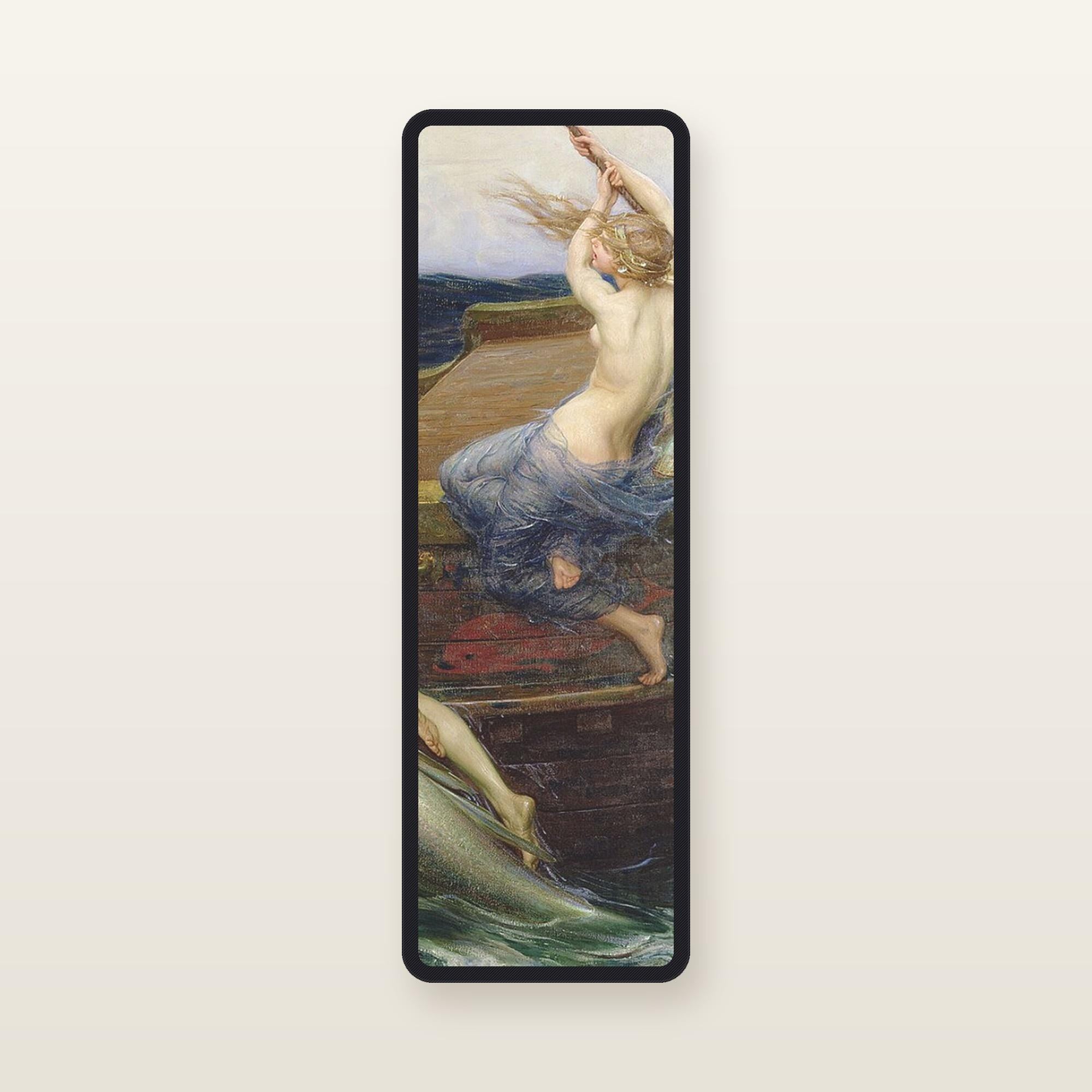 The Odyssey bookmark The Siren Climbs Aboard: translucent silk organza bookmark, 11.5 x 3.5 cm, black silk-wrapped frame, printed with Draper, Ulysses and the Sirens, 1909