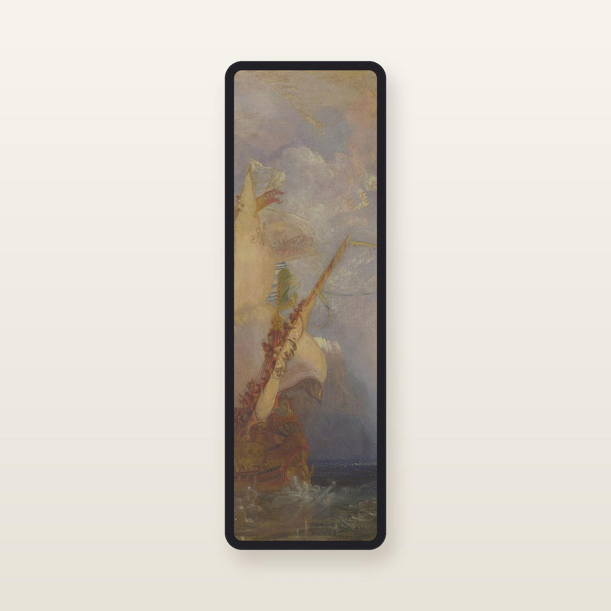 The Odyssey bookmark Escape at Dawn: translucent silk organza bookmark, 11.5 x 3.5 cm, black silk-wrapped frame, printed with Turner, Ulysses Deriding Polyphemus, 1829