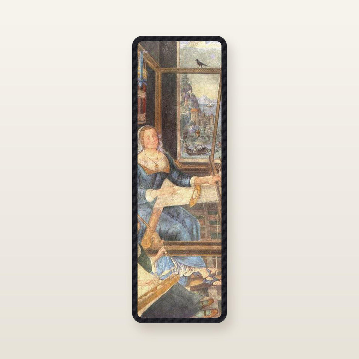 The Odyssey bookmark Penelope at Her Loom: translucent silk organza bookmark, 11.5 x 3.5 cm, black silk-wrapped frame, printed with Pinturicchio, The Return of Odysseus, 1509