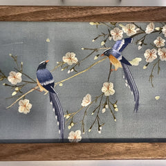 Magpie & Blossom Hand-Embroidered Silk Panel — Walnut Jewellery Box