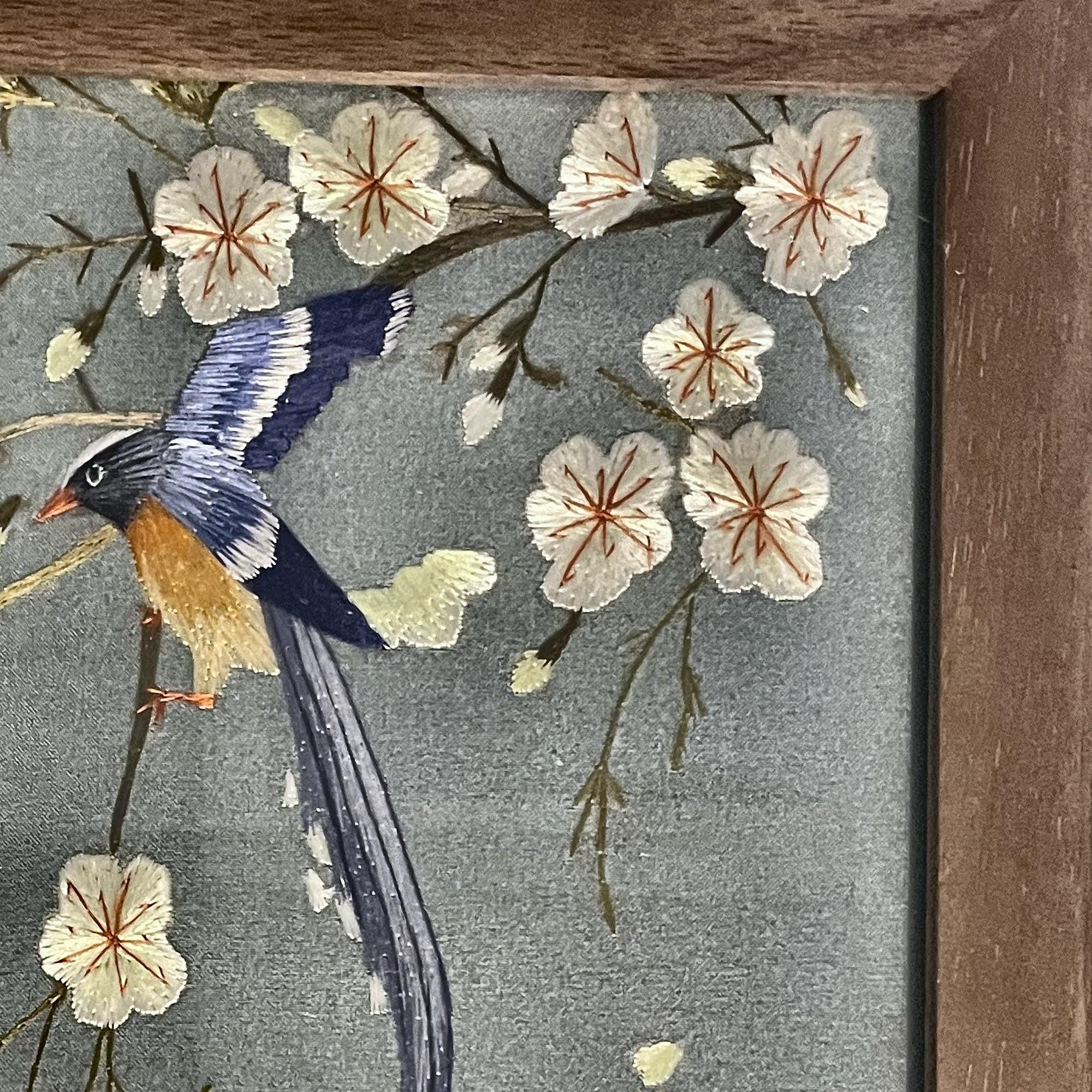 Magpie & Blossom Hand-Embroidered Silk Panel — Walnut Jewellery Box